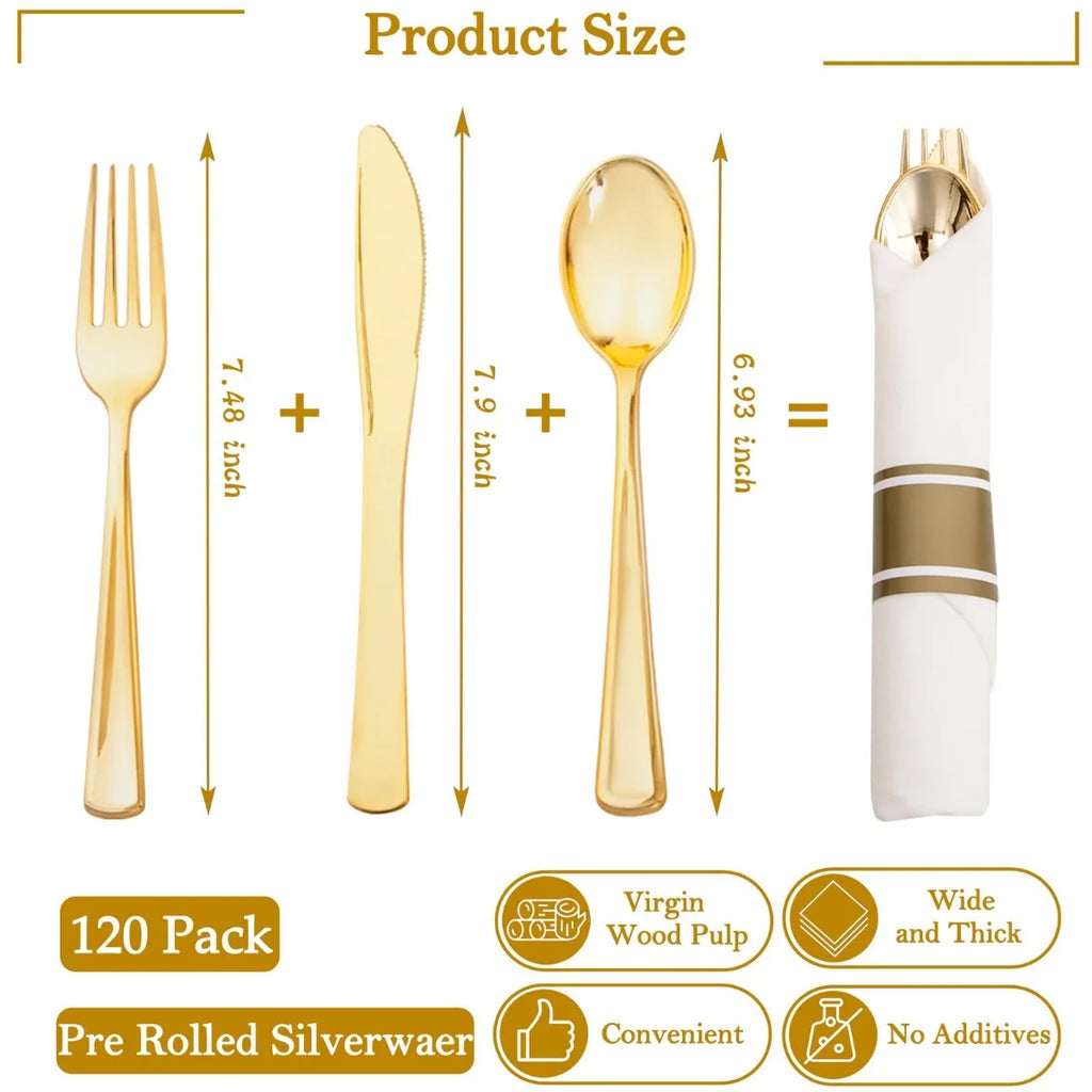 24pcs Pre Rolled Gold Plastic Silverware Sets Gold Cutlery Wrapped Disposable Utensils with Napkins for Parties Dinners Weddings