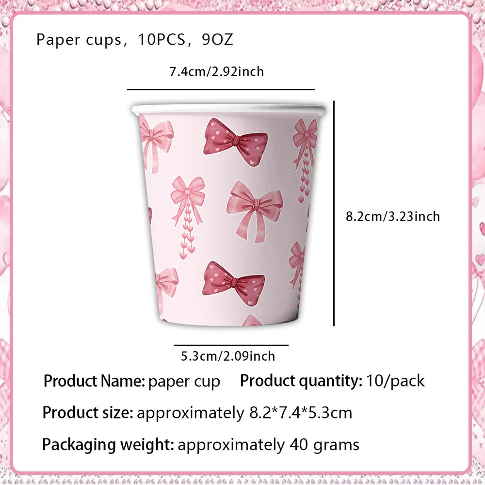 Girl Women Pink Bow Birthday Decoration Disposable Tableware Bow Tie Party Supplies Kit Paper Plates Cups Banner Tablecloth Gift