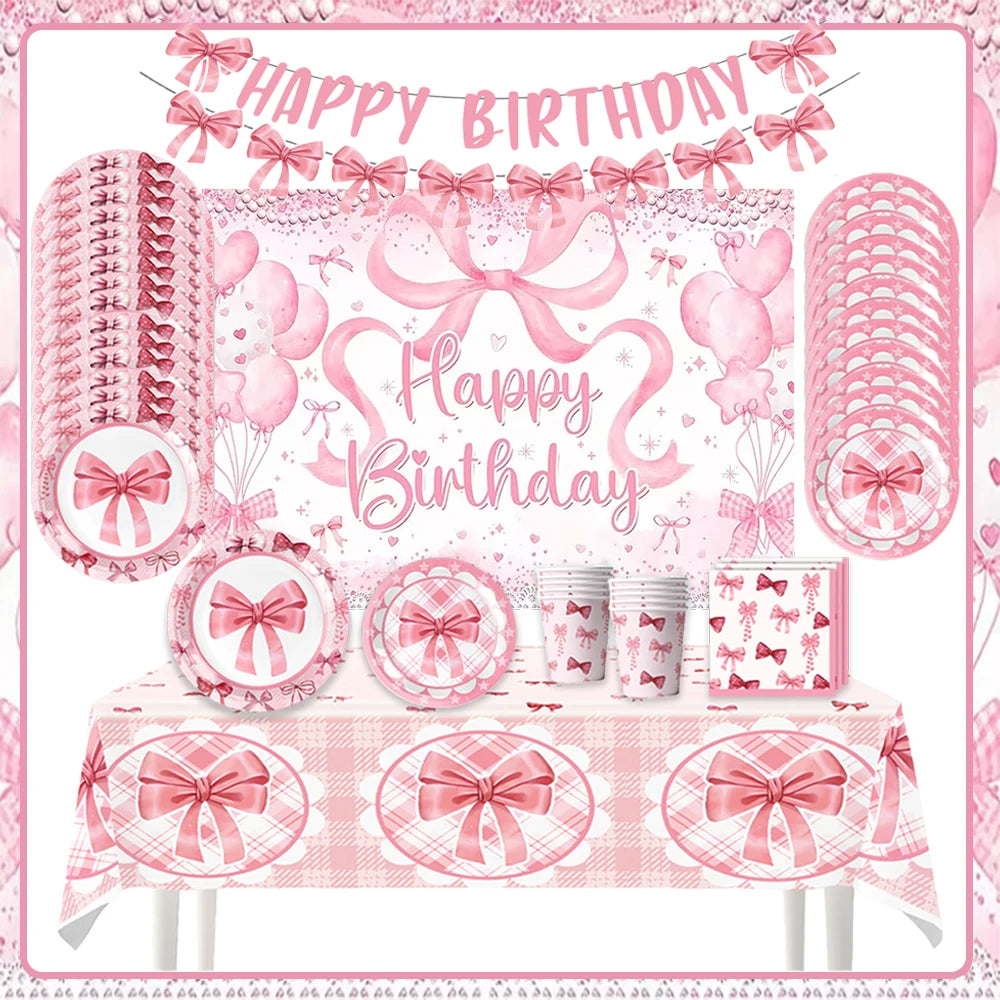 Girl Women Pink Bow Birthday Decoration Disposable Tableware Bow Tie Party Supplies Kit Paper Plates Cups Banner Tablecloth Gift