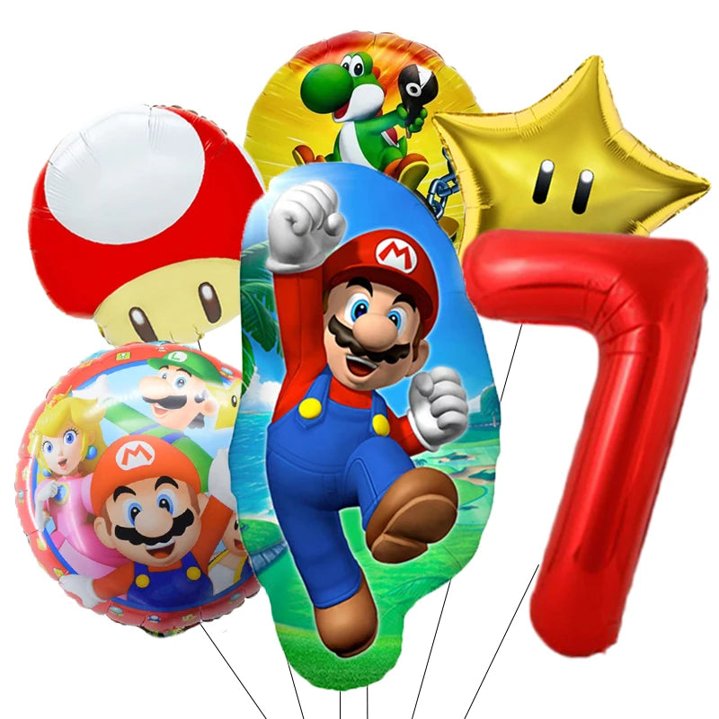 1-9 Super Brother Themed 18 Inch Foil Number Balloons, 6 Pack Giant Birthday Party Decorations for Children
