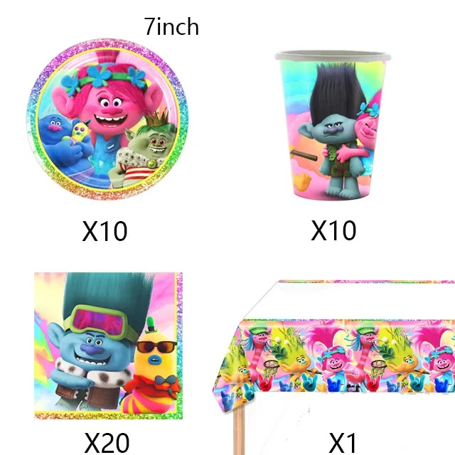 Hot Anime Trolled Theme Party Decoration Cartoon Magic Hair Tableware Cup Plate Banner balloon Kid Birthday Baby Shower Supplies