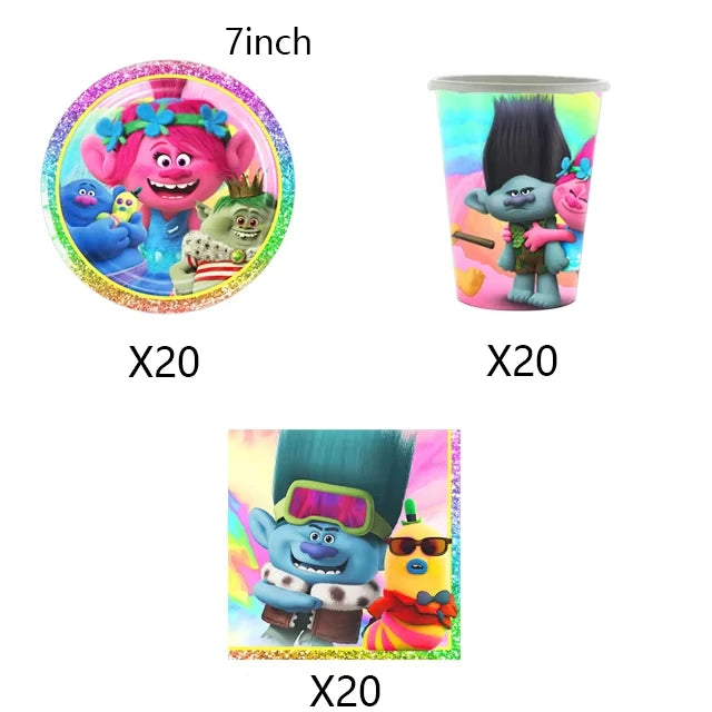 Hot Anime Trolled Theme Party Decoration Cartoon Magic Hair Tableware Cup Plate Banner balloon Kid Birthday Baby Shower Supplies
