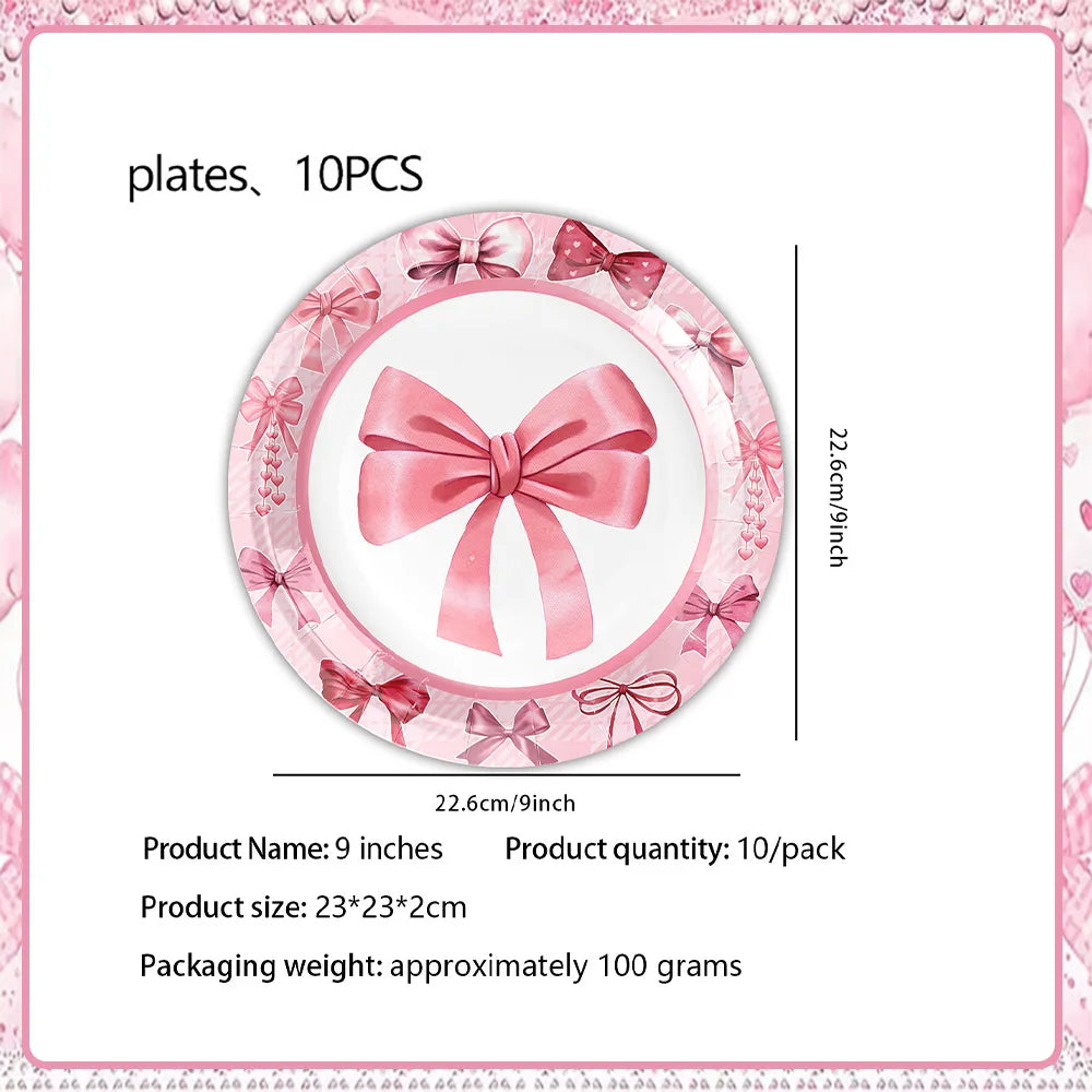 Girl Women Pink Bow Birthday Decoration Disposable Tableware Bow Tie Party Supplies Kit Paper Plates Cups Banner Tablecloth Gift