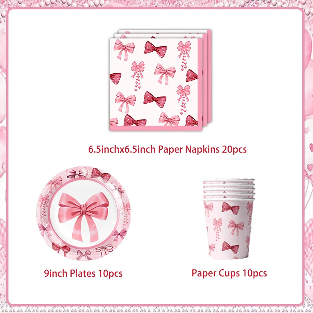 Girl Women Pink Bow Birthday Decoration Disposable Tableware Bow Tie Party Supplies Kit Paper Plates Cups Banner Tablecloth Gift