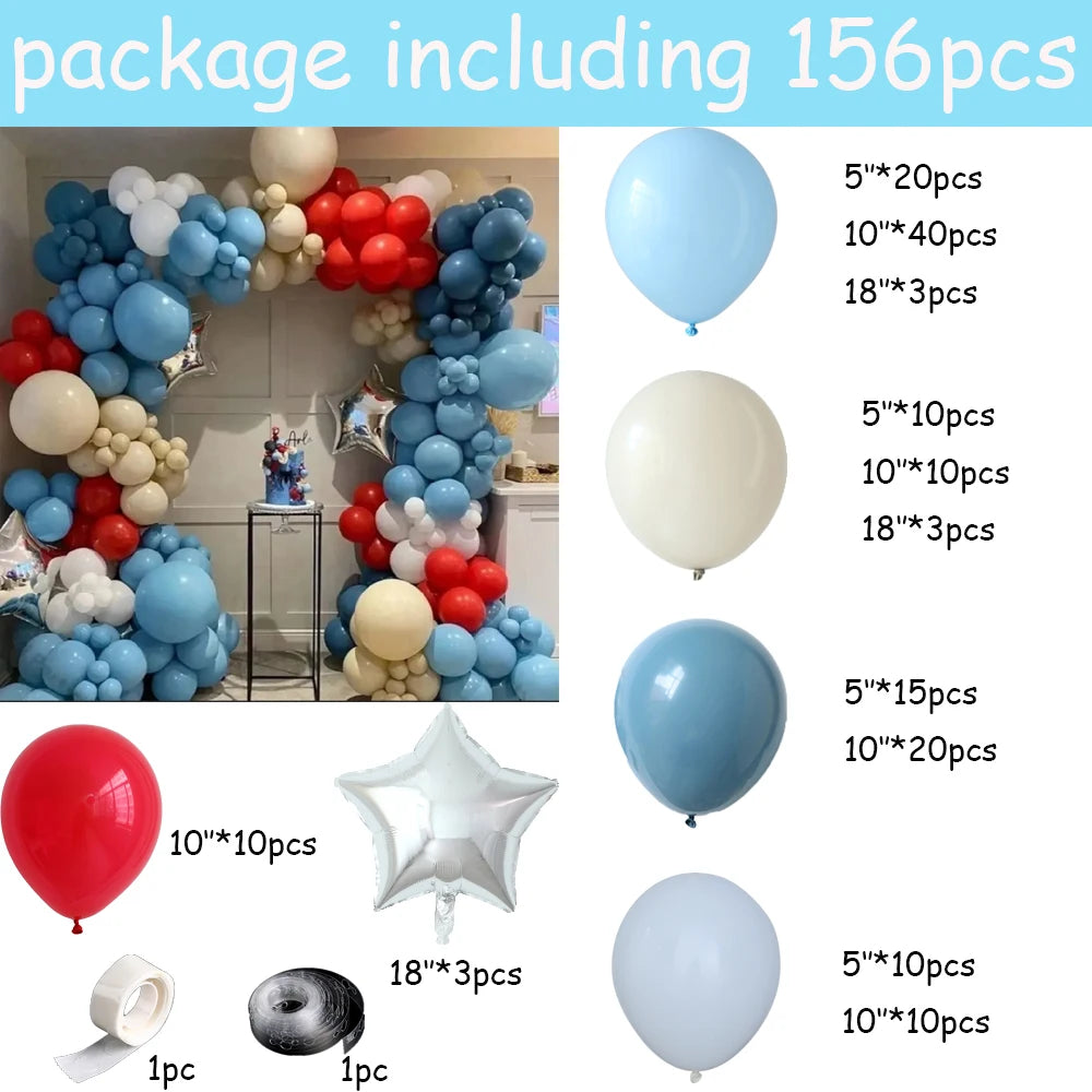 156pcs/Set Blue Balloon Arch Garland Kit White Red Latex Balloons Girls' Birthday Wedding Party Decorations Baby Shower Supplies