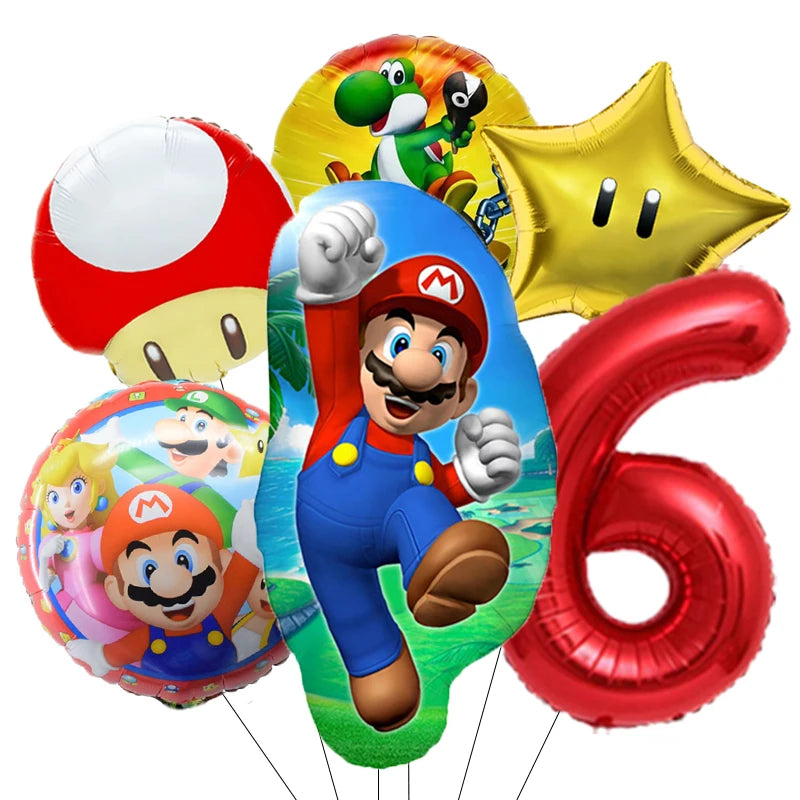 1-9 Super Brother Themed 18 Inch Foil Number Balloons, 6 Pack Giant Birthday Party Decorations for Children