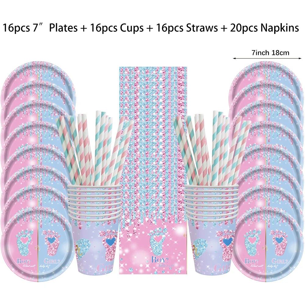 Gender Reveal Disposable Tableware Set Boy or Girl Baby Shower Paper Plates Cups Tablecloth Napkins Birthday Party Decorations