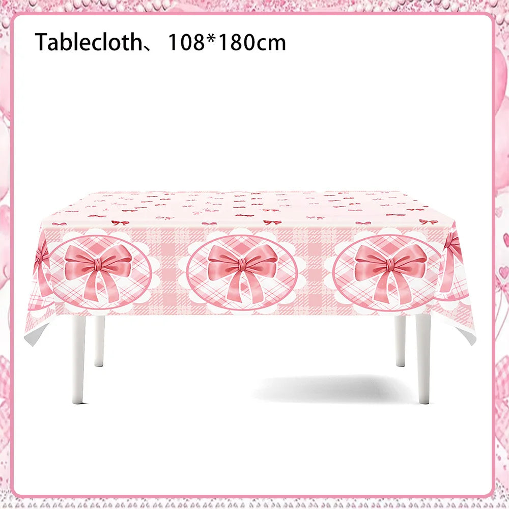 Girl Women Pink Bow Birthday Decoration Disposable Tableware Bow Tie Party Supplies Kit Paper Plates Cups Banner Tablecloth Gift