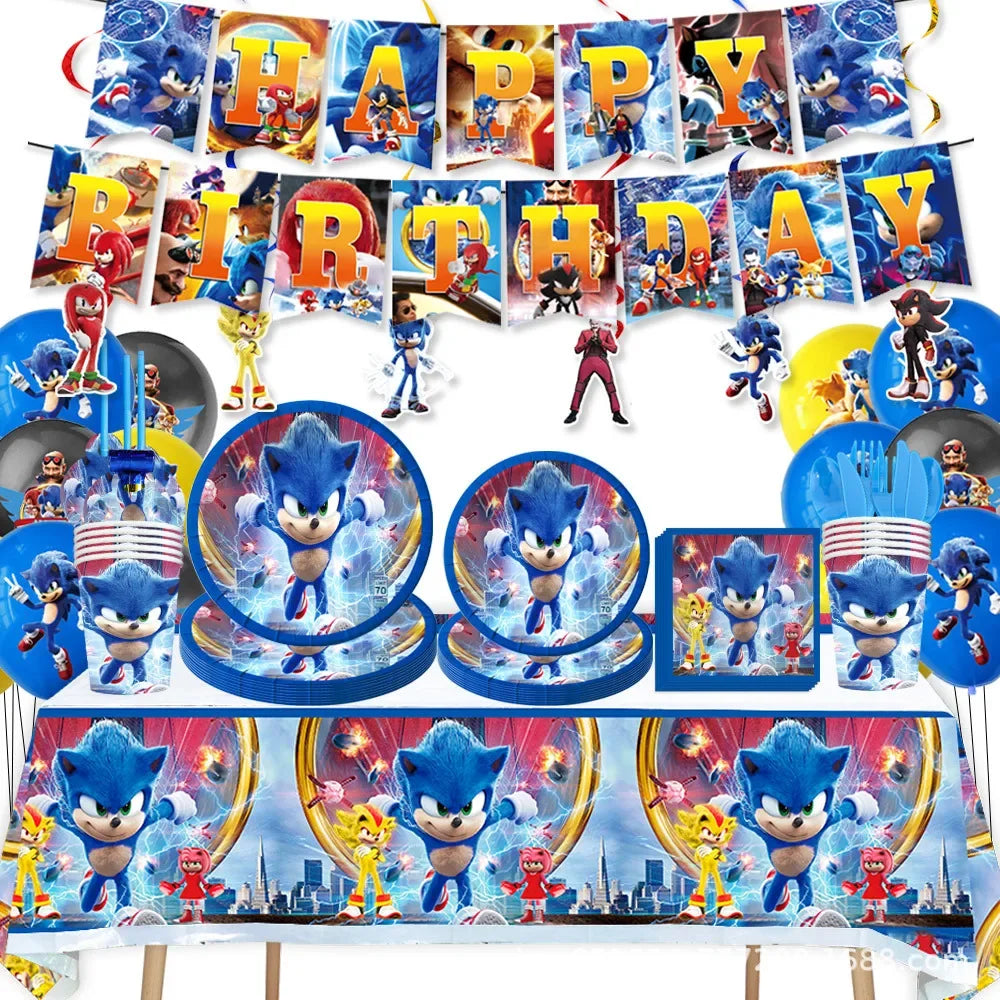 Anime Character Cartoon Hedgehog Tablecloth Banners Plates Tableware Set Sonic Birthday Party Decorations and Bath Toys Gift