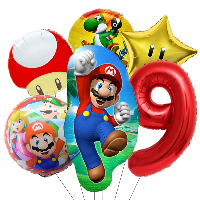 1-9 Super Brother Themed 18 Inch Foil Number Balloons, 6 Pack Giant Birthday Party Decorations for Children