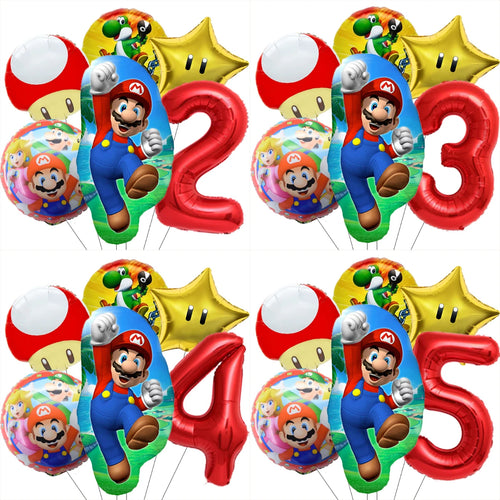1-9 Super Brother Themed 18 Inch Foil Number Balloons, 6 Pack Giant Birthday Party Decorations for Children