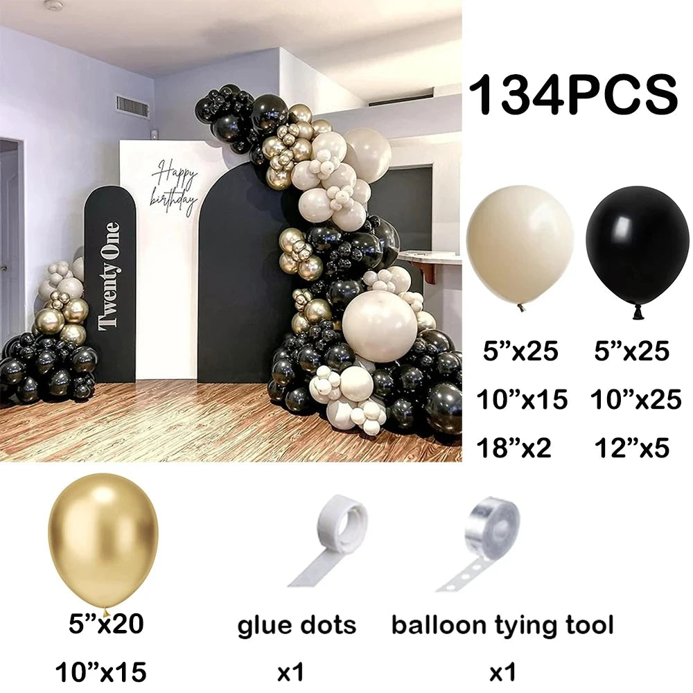 134pcs White Sand Balloon Arch Black Gold Helium Balloons Garland Kit Kids Birthday Party Wedding Anniversary Background Decor