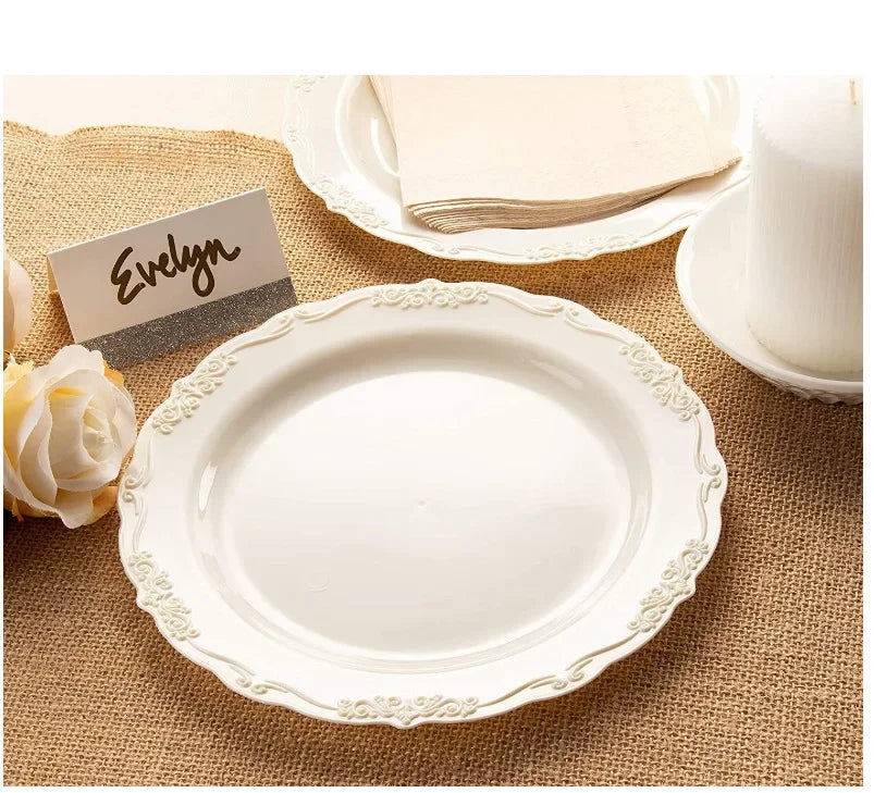 25pcs/lot Disposable Dinner Plates Embossed Pink Plastic PS Tablewares Party Wedding Table Settings Floral Shower Decoration