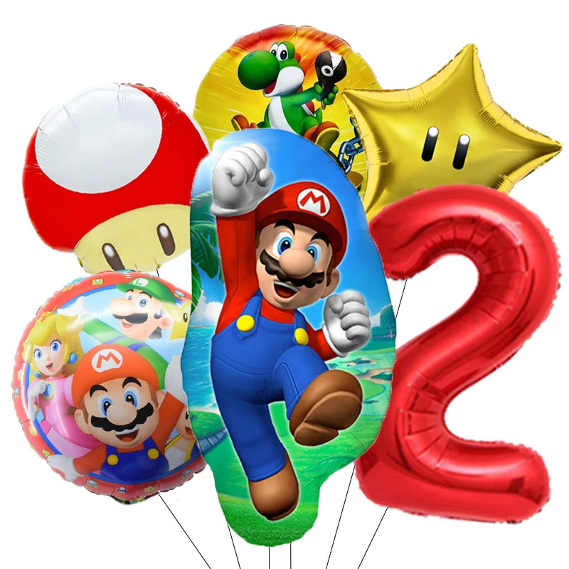 1-9 Super Brother Themed 18 Inch Foil Number Balloons, 6 Pack Giant Birthday Party Decorations for Children