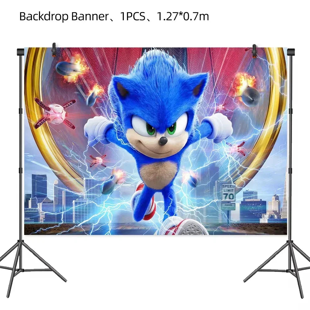 Anime Character Cartoon Hedgehog Tablecloth Banners Plates Tableware Set Sonic Birthday Party Decorations and Bath Toys Gift