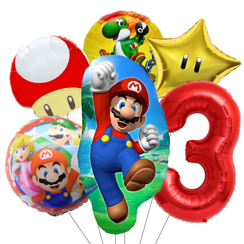 1-9 Super Brother Themed 18 Inch Foil Number Balloons, 6 Pack Giant Birthday Party Decorations for Children
