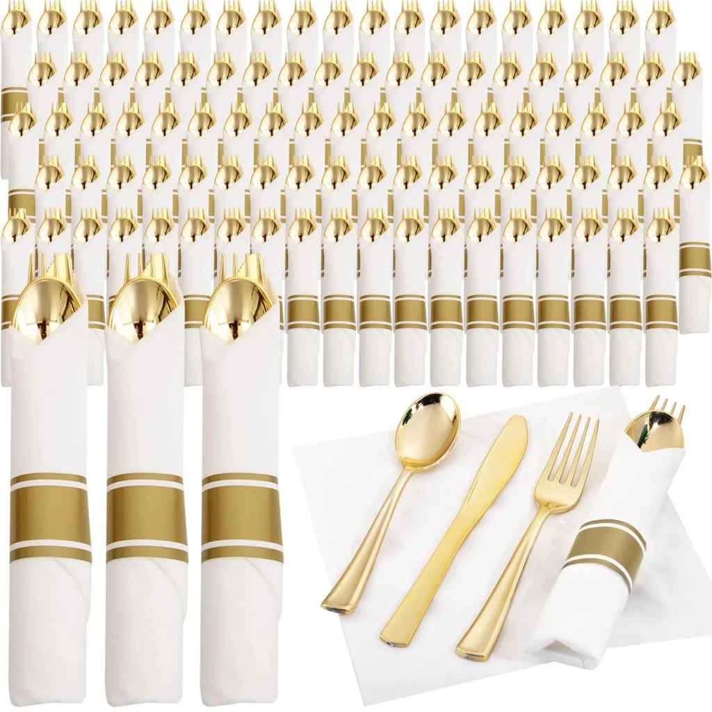 24pcs Pre Rolled Gold Plastic Silverware Sets Gold Cutlery Wrapped Disposable Utensils with Napkins for Parties Dinners Weddings
