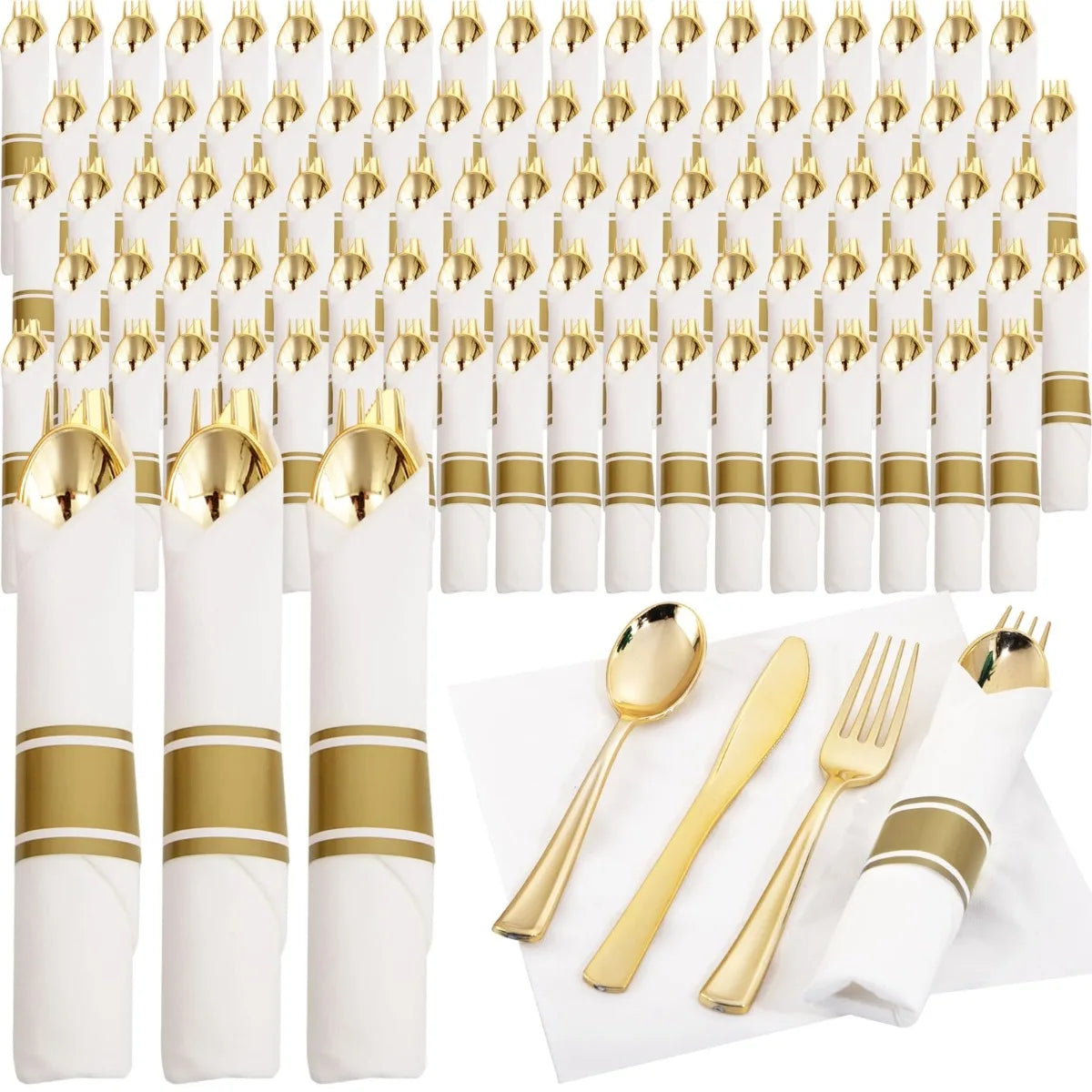 24pcs Pre Rolled Gold Plastic Silverware Sets Gold Cutlery Wrapped Disposable Utensils with Napkins for Parties Dinners Weddings