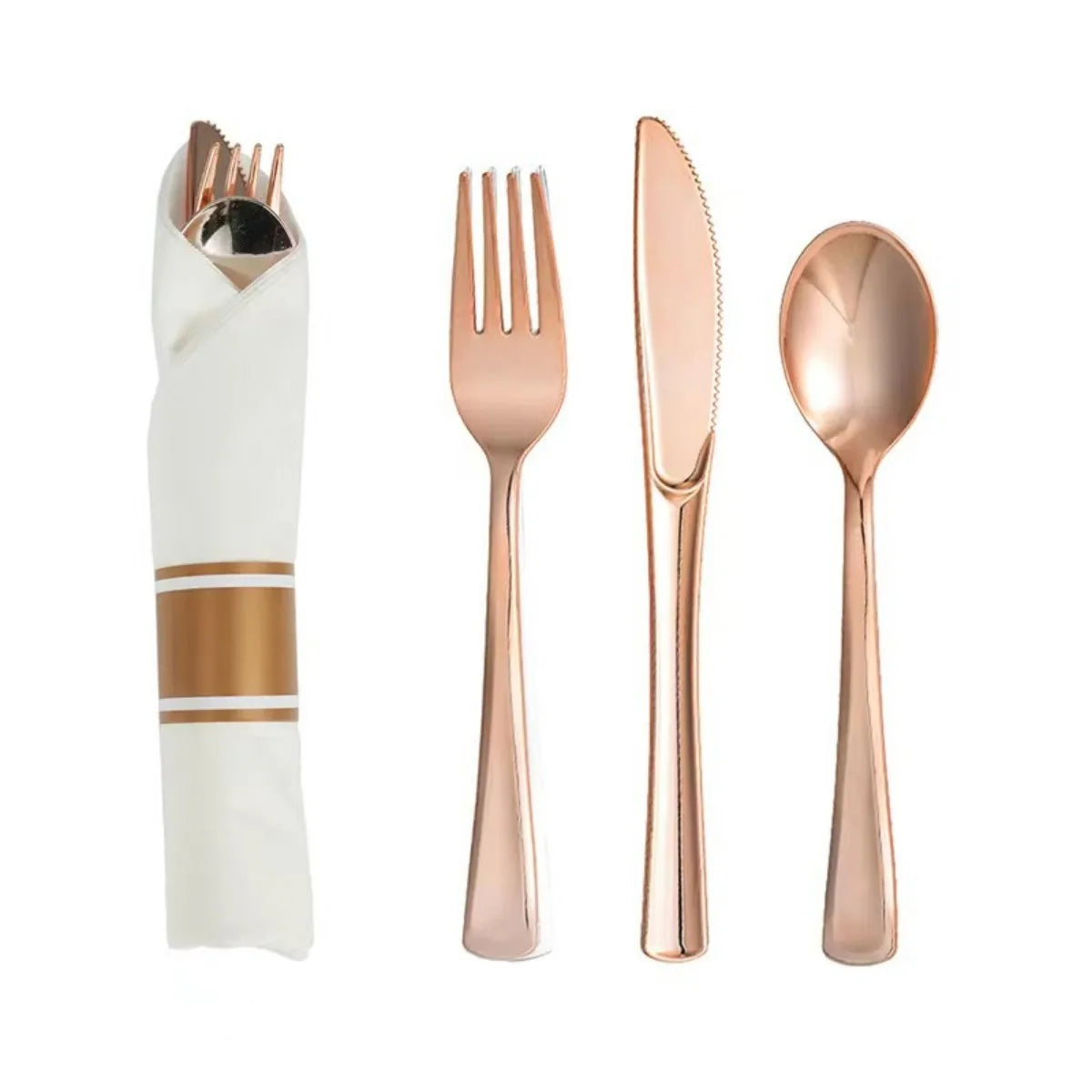 24pcs Pre Rolled Gold Plastic Silverware Sets Gold Cutlery Wrapped Disposable Utensils with Napkins for Parties Dinners Weddings