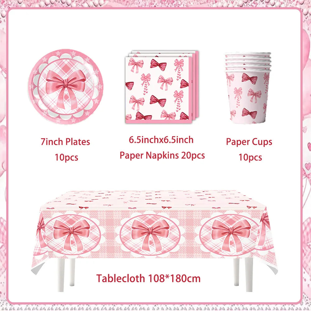 Girl Women Pink Bow Birthday Decoration Disposable Tableware Bow Tie Party Supplies Kit Paper Plates Cups Banner Tablecloth Gift