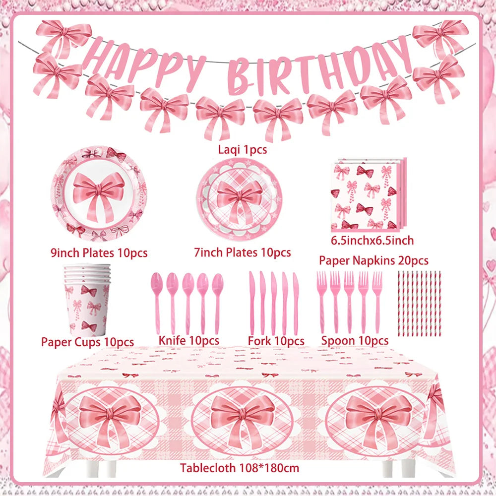 Girl Women Pink Bow Birthday Decoration Disposable Tableware Bow Tie Party Supplies Kit Paper Plates Cups Banner Tablecloth Gift