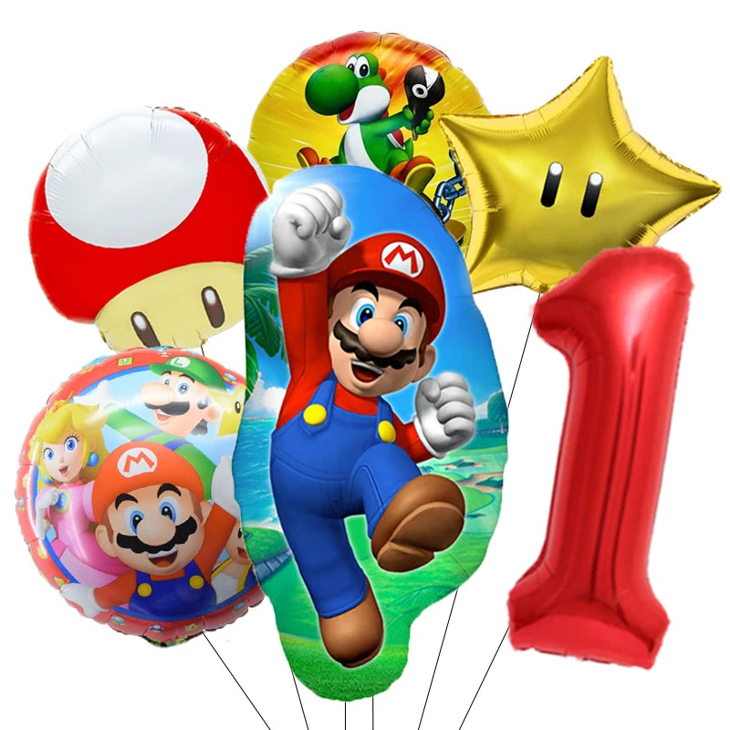 1-9 Super Brother Themed 18 Inch Foil Number Balloons, 6 Pack Giant Birthday Party Decorations for Children