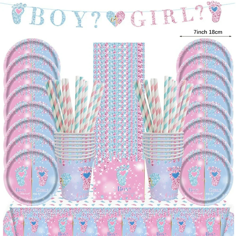 Gender Reveal Disposable Tableware Set Boy or Girl Baby Shower Paper Plates Cups Tablecloth Napkins Birthday Party Decorations