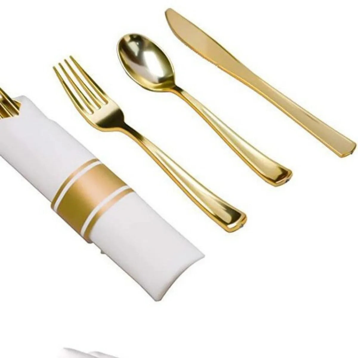 24pcs Pre Rolled Gold Plastic Silverware Sets Gold Cutlery Wrapped Disposable Utensils with Napkins for Parties Dinners Weddings
