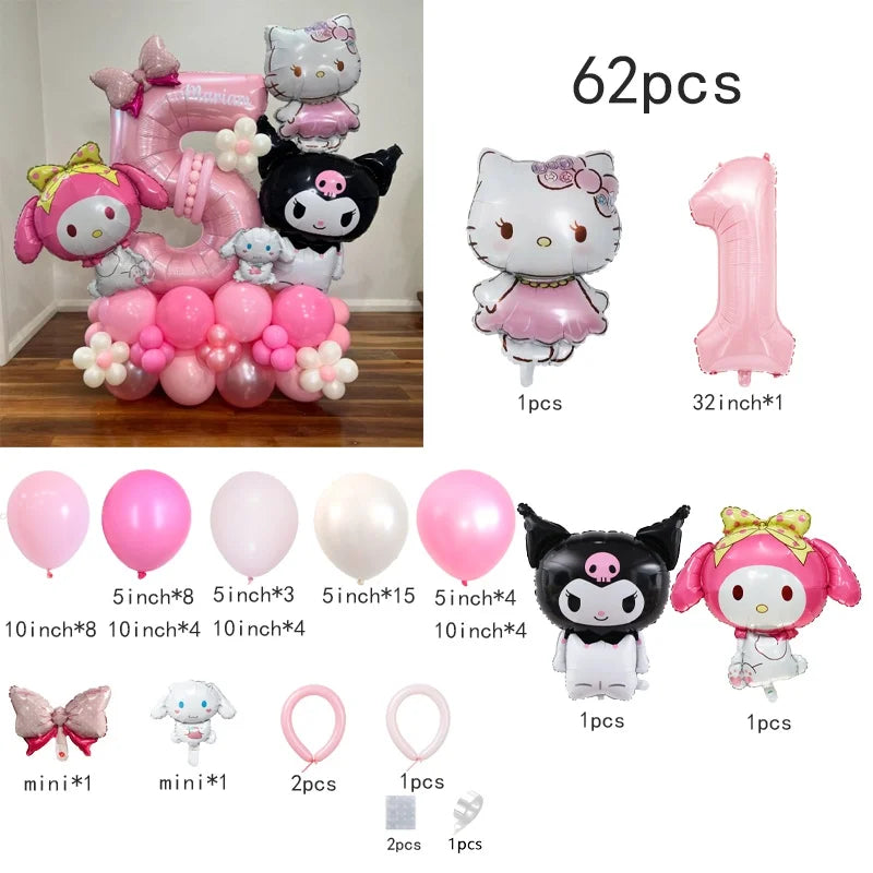 60-Pack Cinnamon Roll & Hello Kitty Foil and Latex Balloons – Perfect Birthday & Holiday Gift for Babies, Kids, and Girls