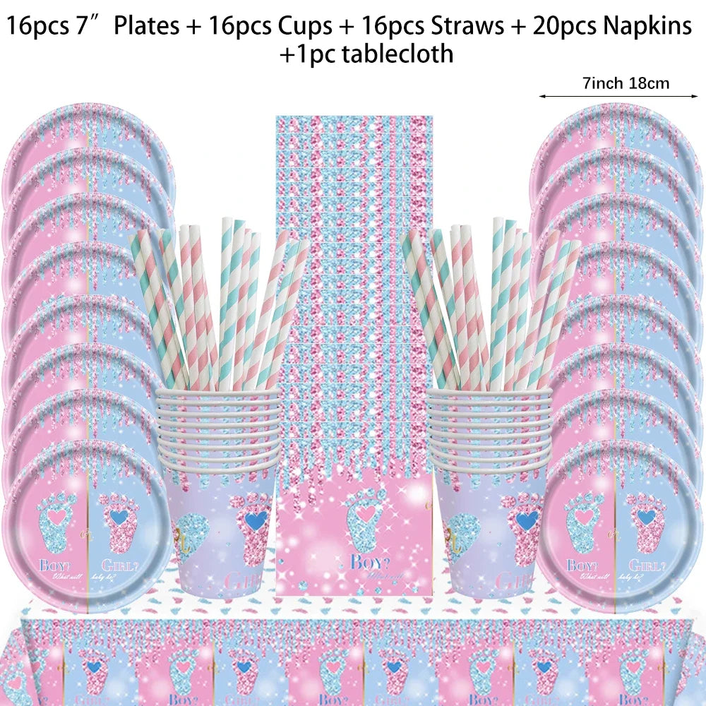 Gender Reveal Disposable Tableware Set Boy or Girl Baby Shower Paper Plates Cups Tablecloth Napkins Birthday Party Decorations