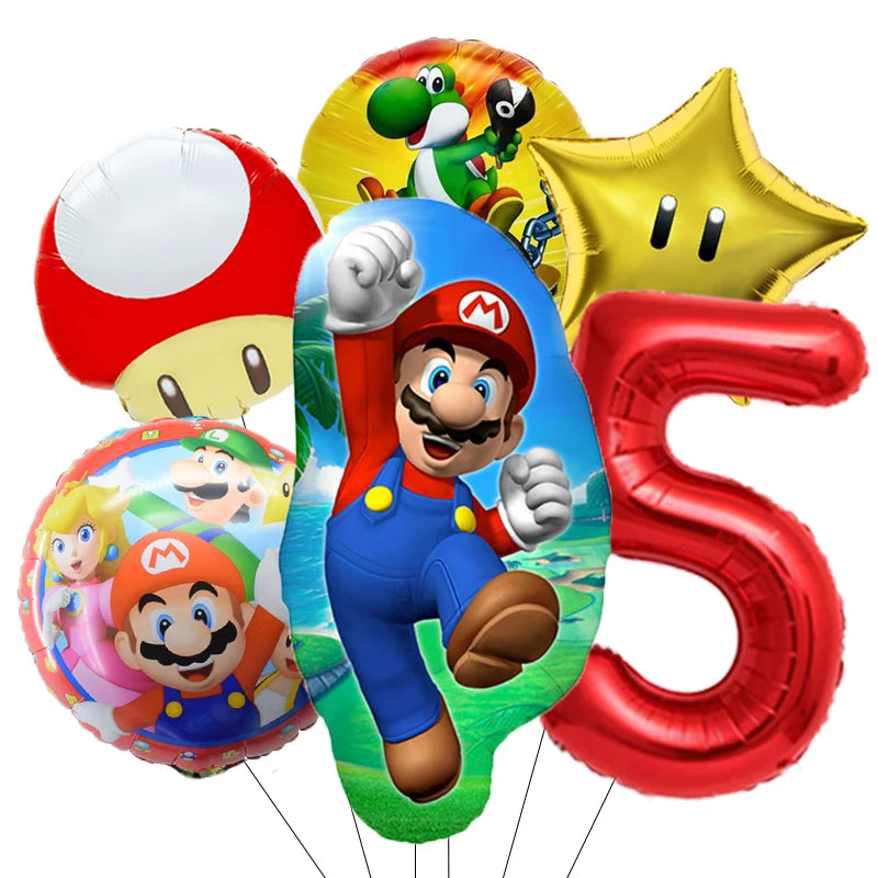 1-9 Super Brother Themed 18 Inch Foil Number Balloons, 6 Pack Giant Birthday Party Decorations for Children