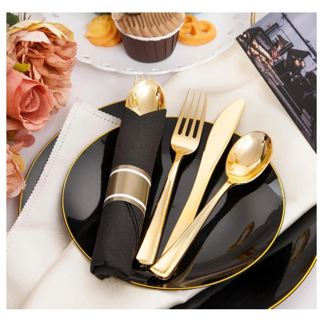 24pcs Pre Rolled Gold Plastic Silverware Sets Gold Cutlery Wrapped Disposable Utensils with Napkins for Parties Dinners Weddings