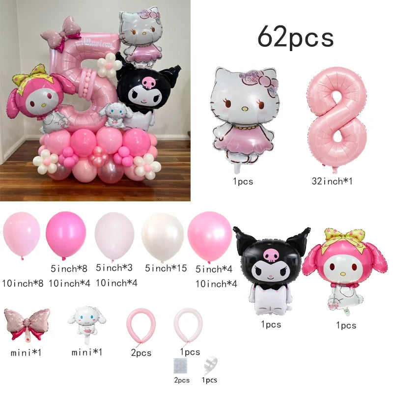 60-Pack Cinnamon Roll & Hello Kitty Foil and Latex Balloons – Perfect Birthday & Holiday Gift for Babies, Kids, and Girls