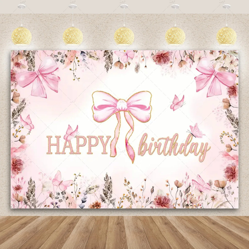 Girl Women Pink Bow Birthday Decoration Disposable Tableware Bow Tie Party Supplies Kit Paper Plates Cups Banner Tablecloth Gift