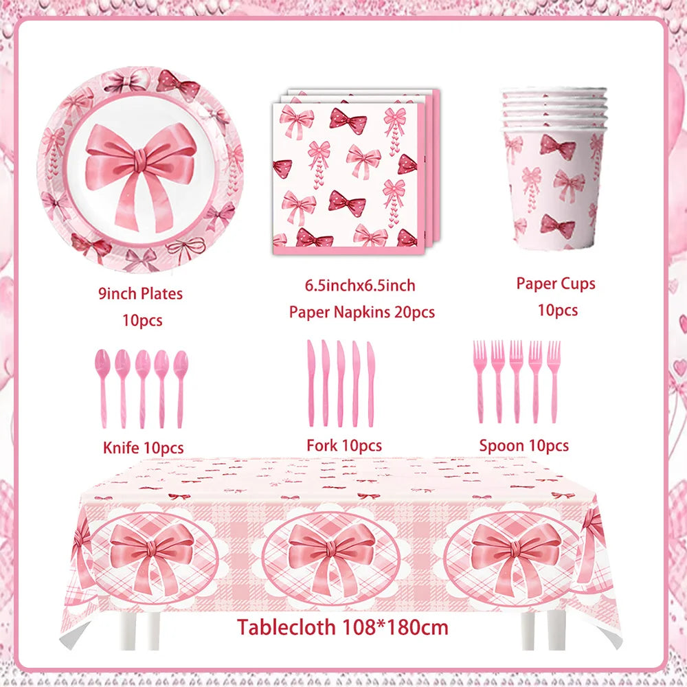 Girl Women Pink Bow Birthday Decoration Disposable Tableware Bow Tie Party Supplies Kit Paper Plates Cups Banner Tablecloth Gift