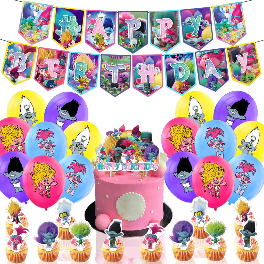 Hot Anime Trolled Theme Party Decoration Cartoon Magic Hair Tableware Cup Plate Banner balloon Kid Birthday Baby Shower Supplies
