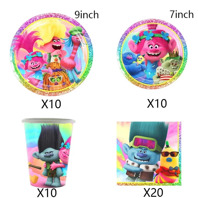 Hot Anime Trolled Theme Party Decoration Cartoon Magic Hair Tableware Cup Plate Banner balloon Kid Birthday Baby Shower Supplies