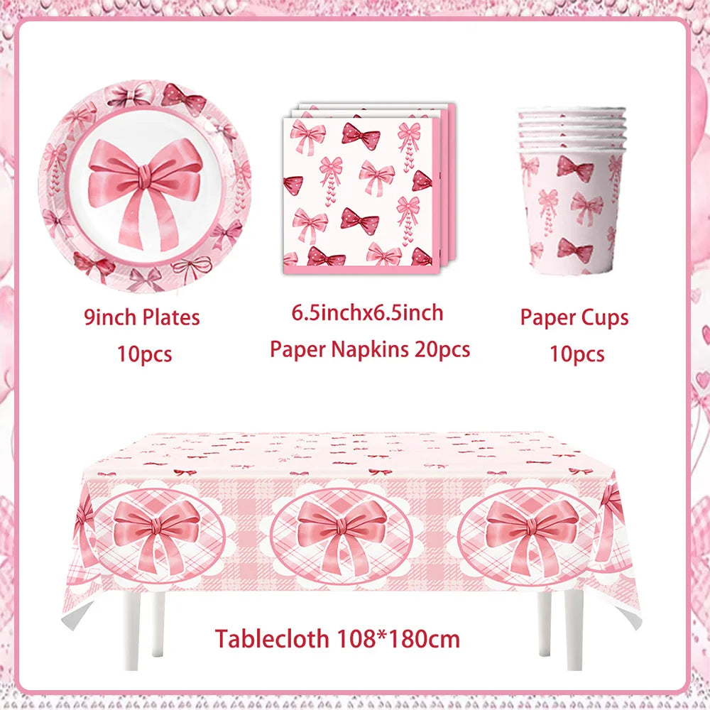 Girl Women Pink Bow Birthday Decoration Disposable Tableware Bow Tie Party Supplies Kit Paper Plates Cups Banner Tablecloth Gift