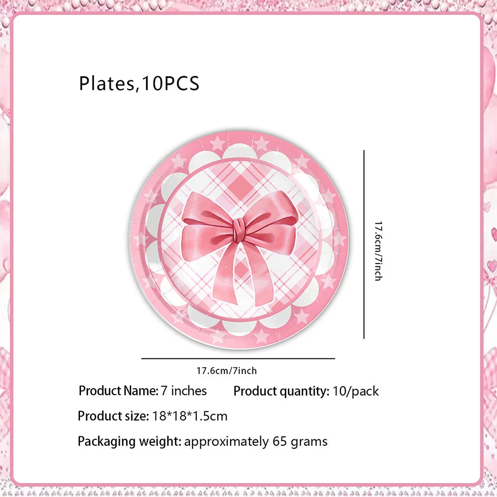 Girl Women Pink Bow Birthday Decoration Disposable Tableware Bow Tie Party Supplies Kit Paper Plates Cups Banner Tablecloth Gift