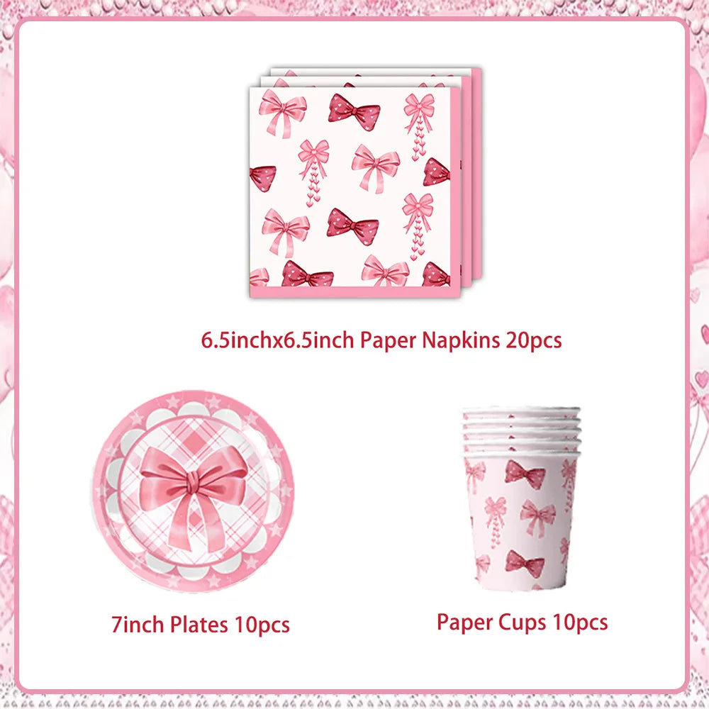 Girl Women Pink Bow Birthday Decoration Disposable Tableware Bow Tie Party Supplies Kit Paper Plates Cups Banner Tablecloth Gift