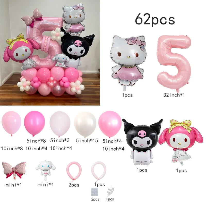 60-Pack Cinnamon Roll & Hello Kitty Foil and Latex Balloons – Perfect Birthday & Holiday Gift for Babies, Kids, and Girls