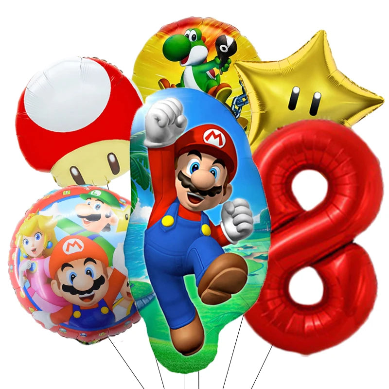 1-9 Super Brother Themed 18 Inch Foil Number Balloons, 6 Pack Giant Birthday Party Decorations for Children