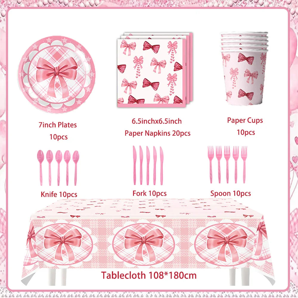 Girl Women Pink Bow Birthday Decoration Disposable Tableware Bow Tie Party Supplies Kit Paper Plates Cups Banner Tablecloth Gift