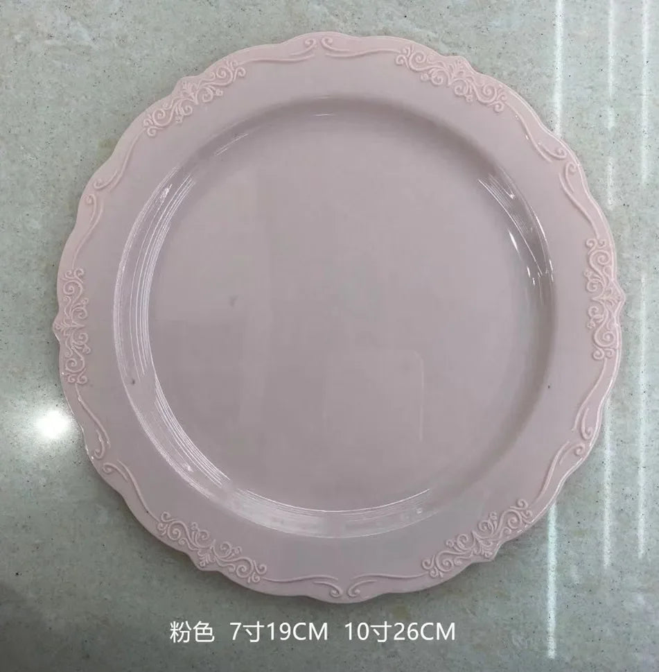 25pcs/lot Disposable Dinner Plates Embossed Pink Plastic PS Tablewares Party Wedding Table Settings Floral Shower Decoration