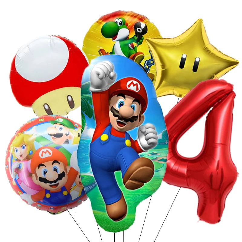 1-9 Super Brother Themed 18 Inch Foil Number Balloons, 6 Pack Giant Birthday Party Decorations for Children