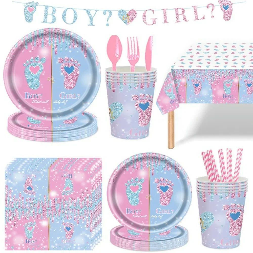 Gender Reveal Disposable Tableware Set Boy or Girl Baby Shower Paper Plates Cups Tablecloth Napkins Birthday Party Decorations
