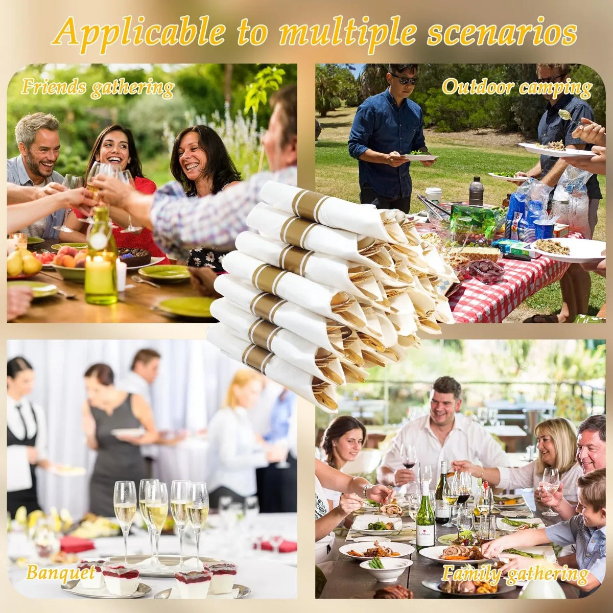 24pcs Pre Rolled Gold Plastic Silverware Sets Gold Cutlery Wrapped Disposable Utensils with Napkins for Parties Dinners Weddings