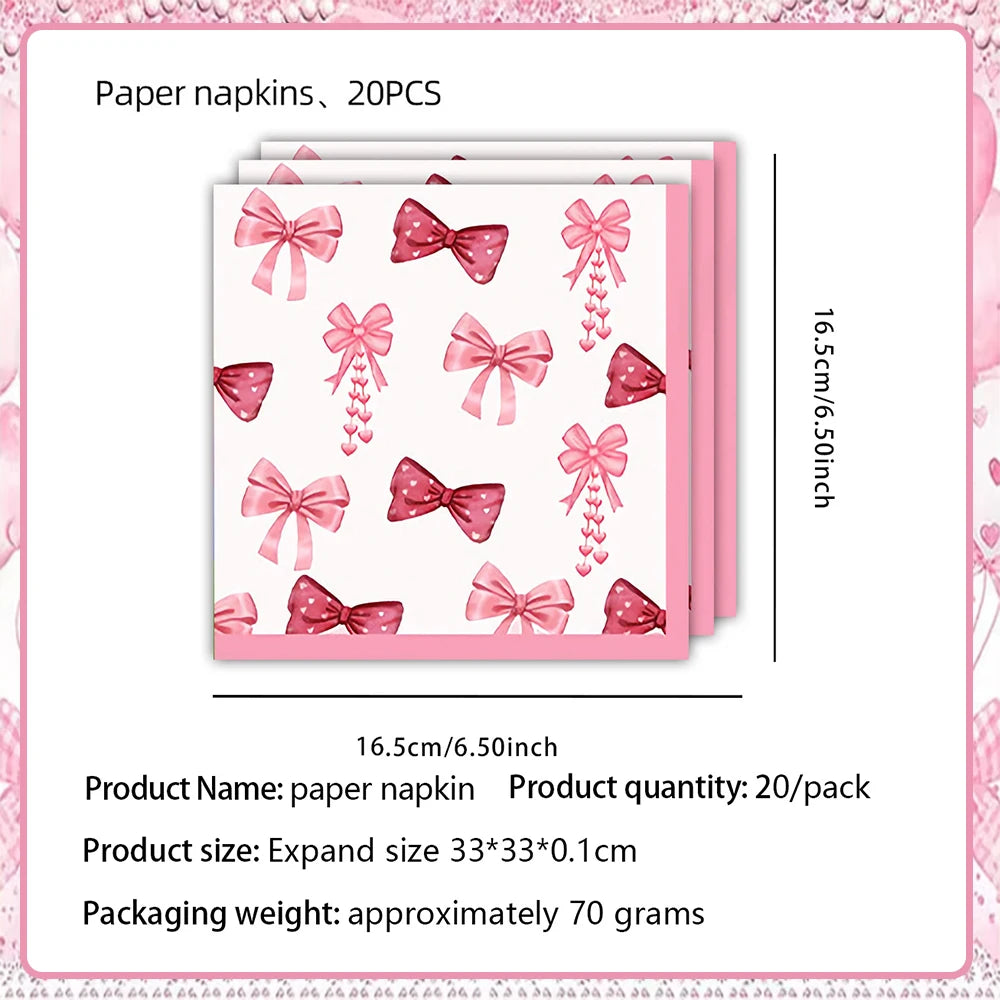 Girl Women Pink Bow Birthday Decoration Disposable Tableware Bow Tie Party Supplies Kit Paper Plates Cups Banner Tablecloth Gift