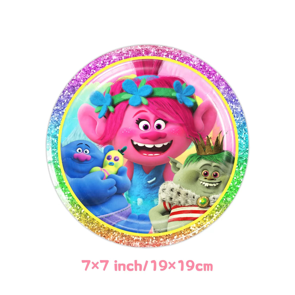Hot Anime Trolled Theme Party Decoration Cartoon Magic Hair Tableware Cup Plate Banner balloon Kid Birthday Baby Shower Supplies